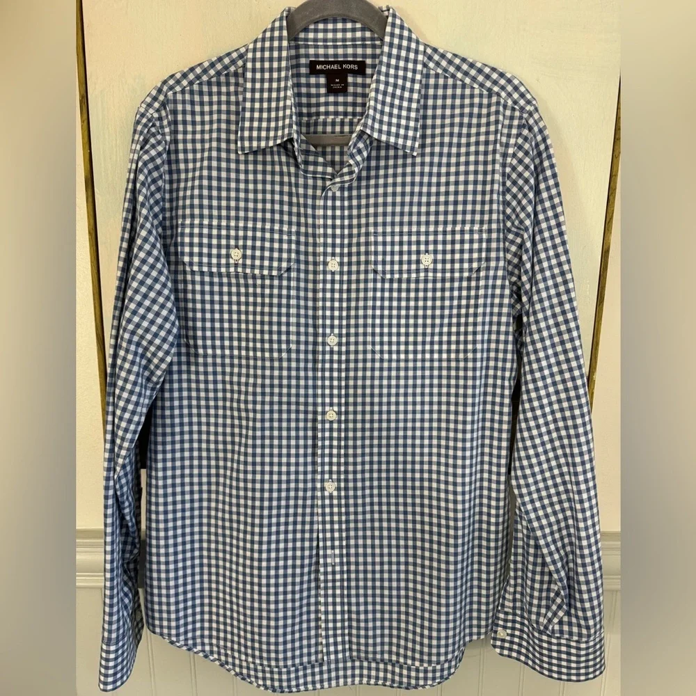 MICHAEL KORS Mens Blue And White Checkered Casual Button Down Size Medium - Picture 1 of 7